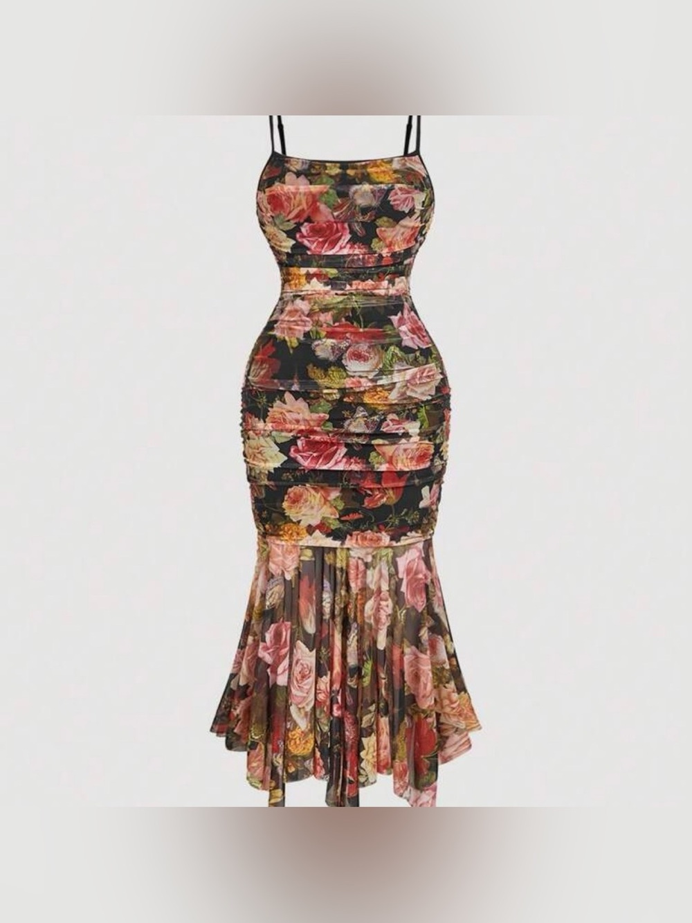 🆕 NEW Without Tags Floral Ruched Mermaid Dress in Black and Pink - 2XL